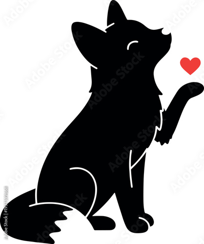 Cute Black Cat Sitting with Red Heart in Hand on White Background