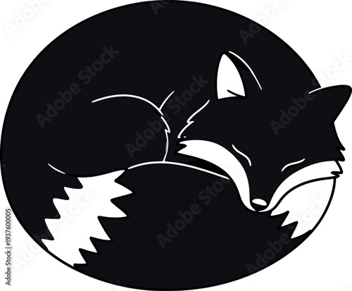 Black and White Fox Illustration Curling Up Sleeping in Circular Shape