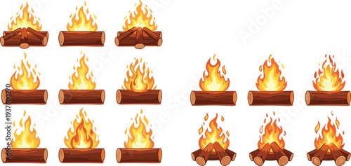 Cartoon campfire and burning log flame collection with different fire icons for camping outdoor adventure illustration set