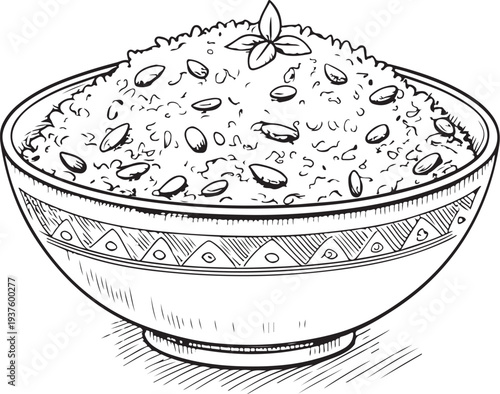 Pilaf Dish Hand-drawn Sketch Drawing Vector Illustration, Line Linear Symbol Black and White Engraving, Isolated