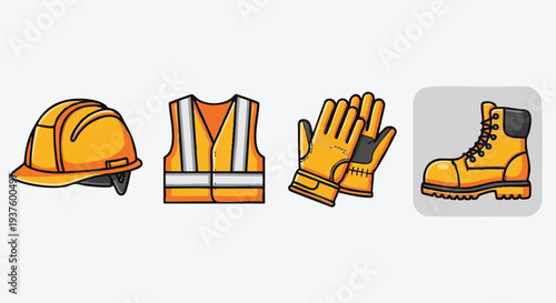 Yellow Safety Equipment - Hard Hat Vest Gloves Boots.