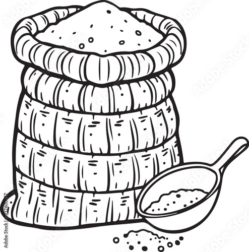 Sack with whole flour or sugar with scoop Hand-drawn Sketch Drawing Vector Illustration, Line Linear Symbol Black and White Engraving, Isolated