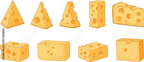 Cheese varieties vector set with different cheese blocks, wedges and slices illustration for dairy food design