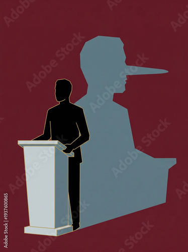 shadow of deceit where a podium speaker’s silhouette casts an exaggerated long‑nosed profile, revealing the hidden truth behind their words
