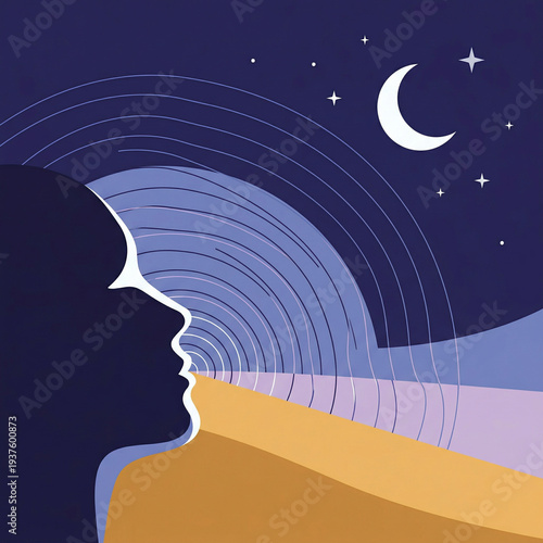 cosmic breath where a silhouetted profile releases radiant lines into a moonlit sky above warm layered dunes