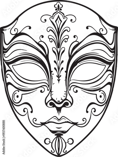 Vintage carnival mask Hand-drawn Sketch Drawing Vector Illustration, Line Linear Symbol Black and White Engraving, Isolated