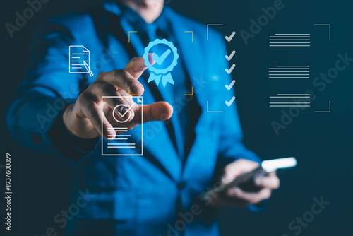 Business professional interacting with virtual checklist and certification badge on a digital interface. Concept of quality assurance, compliance verification, document approval, audit process