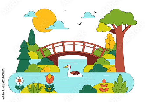 River Landscape Vector Illustration featuring Mountain View, Green Fields, Trees, And Forest Surrounding The River In Flat Cartoon Background