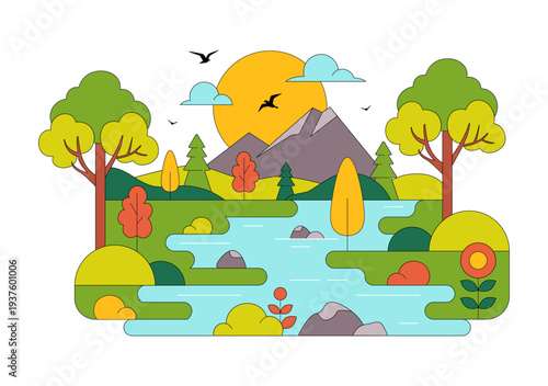 River Landscape Vector Illustration featuring Mountain View, Green Fields, Trees, And Forest Surrounding The River In Flat Cartoon Background