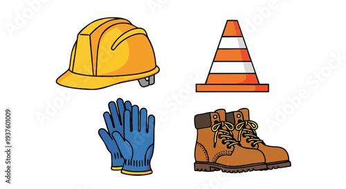 Construction safety equipment hard hat gloves boots traffic cone.