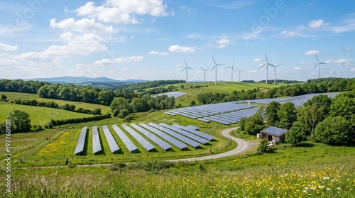Bilde på lerret Renewable energy landscape with solar panels and wind turbines in a green valley