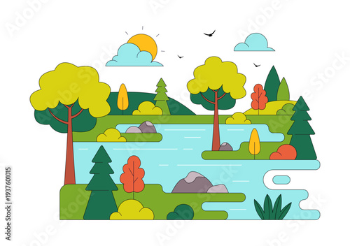 River Landscape Vector Illustration featuring Mountain View, Green Fields, Trees, And Forest Surrounding The River In Flat Cartoon Background