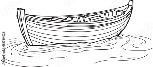 Wooden boat on water Hand-drawn Sketch Drawing Vector Illustration, Line Linear Symbol Black and White Engraving, Isolated