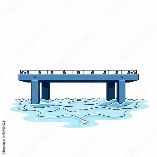 Industrial blue pier architectural structure standing over calm blue ocean water on a clear day, suitable for maritime infrastructure and coastal design concepts.