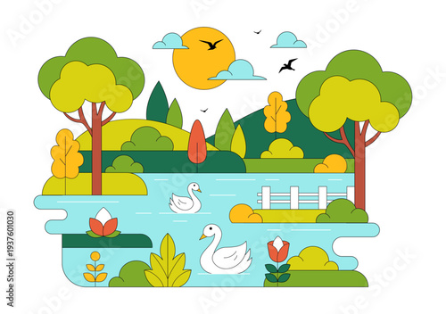 River Landscape Vector Illustration featuring Mountain View, Green Fields, Trees, And Forest Surrounding The River In Flat Cartoon Background