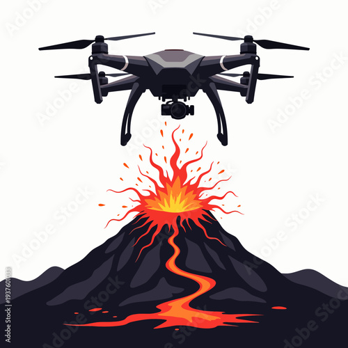 Graphic illustration of a modern black quadcopter drone flying over an erupting volcano with glowing orange lava flowing down the dark volcanic mountain side.