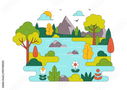 River Landscape Vector Illustration featuring Mountain View, Green Fields, Trees, And Forest Surrounding The River In Flat Cartoon Background