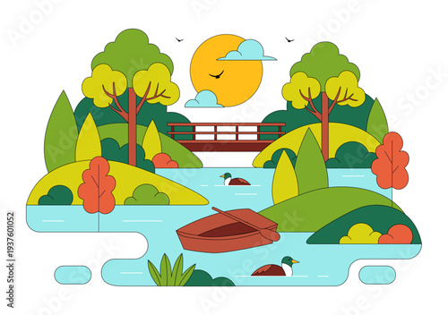 River Landscape Vector Illustration featuring Mountain View, Green Fields, Trees, And Forest Surrounding The River In Flat Cartoon Background