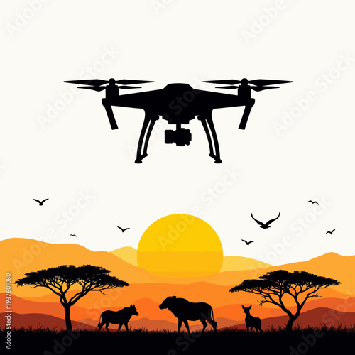 Silhouette of a modern drone flying over a golden sunset savanna landscape featuring wild animals and acacia trees for aerial photography and nature filming.