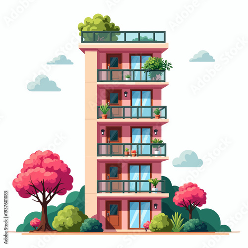 Modern multi-story apartment building illustration with green balconies and rooftop garden, surrounded by colorful trees in a sustainable urban environment.