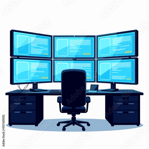 Modern dark blue workstation setup with six monitors displaying code or data, an ergonomic chair, and a spacious desk ideal for a command center or developer.