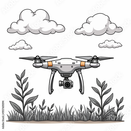 Elegant line art illustration of a white professional drone flying over a grassy field under a cloudy sky, perfect for tech and nature exploration themes.