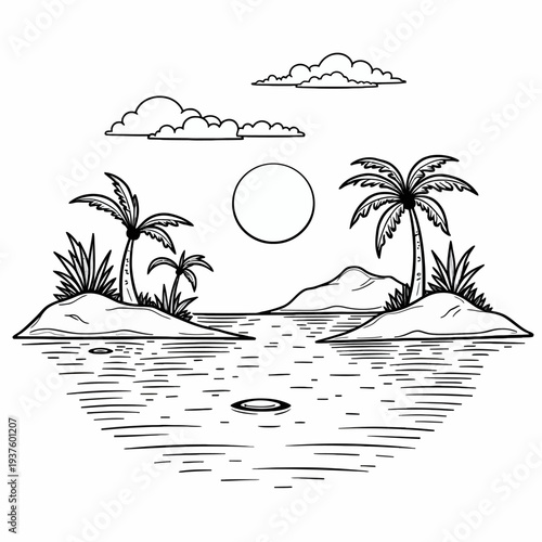 Minimalist black and white coloring page of a tropical island landscape with palm trees and a rising sun for children educational art and relaxation.
