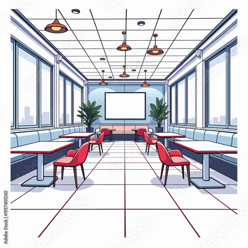 Vibrant modern interior design of a school cafeteria or office lounge featuring colorful seating and stylish pendant lights for interior decoration concepts.

