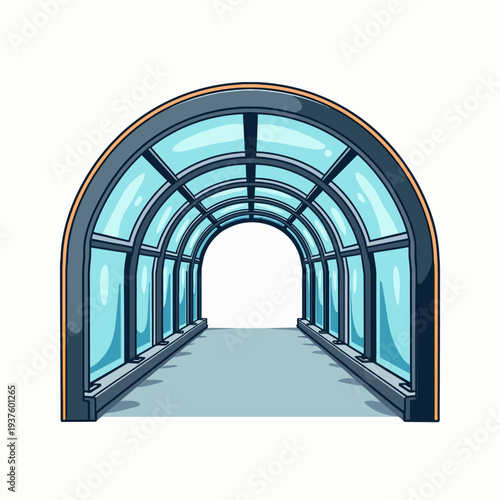 Modern architectural glass walkway illustration featuring a curved corridor design with transparent panels for futuristic urban infrastructure concepts.
