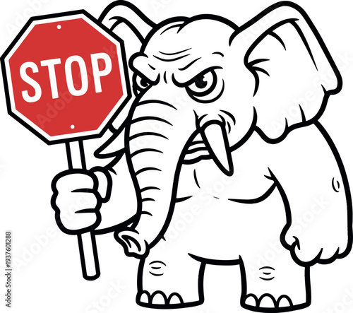 Cartoon Elephant Holding Stop Sign in Black and White Illustration