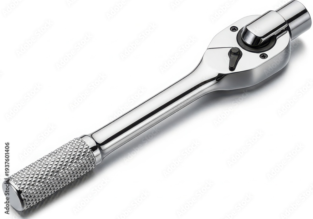 Obraz premium A close-up view of a high-quality chrome-plated combination wrench with a textured handle. isolated on white background