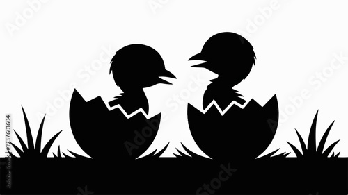 Two black ducklings emerge from cracked eggs in grassy field symbolizing new life and friendship in nature