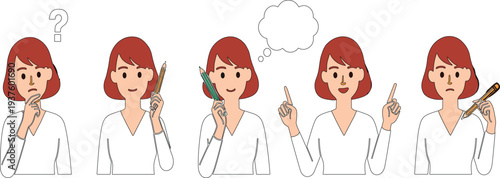Creative thinking woman character set showing idea generation, problem solving, inspiration and brainstorming concept with pencils illustration