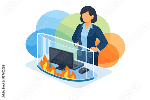 Businesswoman protecting computer from fire with glass shield.