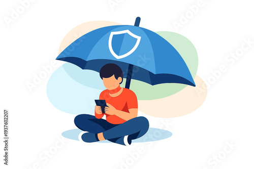 Person Protected Under Blue Umbrella with Shield Icon.