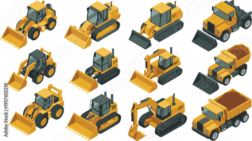 Isometric construction machinery set with excavator bulldozer wheel loader dump truck heavy equipment vehicles for engineering building industry vector