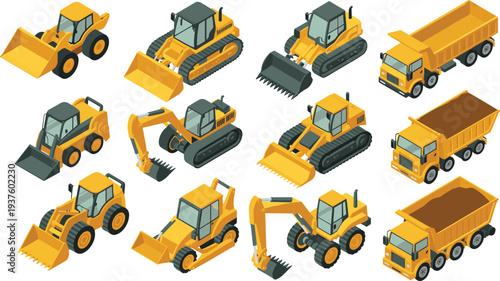 Isometric construction machinery vehicles set including excavator bulldozer loader dump truck heavy equipment collection industrial transport engineering vector illustration