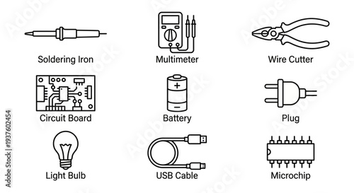 A collection of electronic components and tools including a soldering iron, multimeter, wire cutter, circuit board, light bulb, battery, USB cable, plug, and microchip