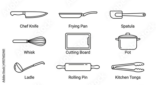 A comprehensive vector collection of everyday kitchen essentials and culinary tools, perfect for diverse cooking and baking applications, illustrating various utensils for home and professional use