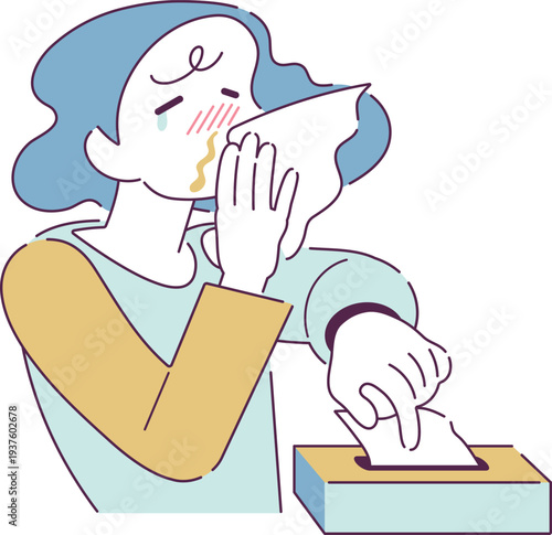 止まらない鼻水との闘い 花粉が飛散する時期の悩み・A person with teary eyes and a painful expression, trying to hold back a runny nose with a tissue