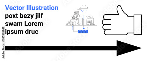 Sustainability, water usage, environmental conservation, urban planning, navigation, decision-making. Thumbs-up icon, cityscape water elements and an arrow. Sustainability and water usage