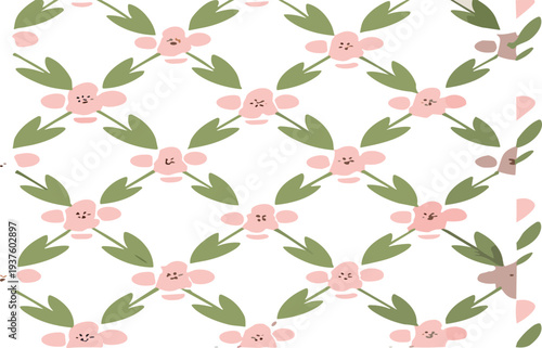 Cute pink flower and green leaf seamless pattern minimal floral botanical background with playful hand drawn nature elements