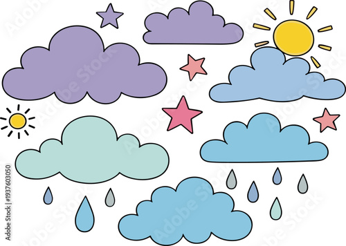 Cute weather elements vector set with clouds, sun, stars and raindrops in colorful cartoon style