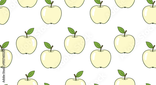 Fresh and vibrant seamless pattern featuring an array of light yellow apples, each adorned with a bright green leaf, creating a wholesome and appealing fruit design.
