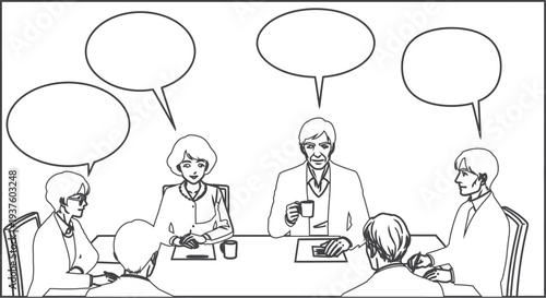 A group of people sitting at a table with blank speech bubbles above their heads in a meeting