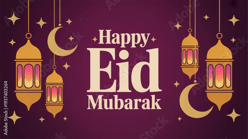 Eid mubarak greeting card with lanterns and crescent moon symbols on purple background