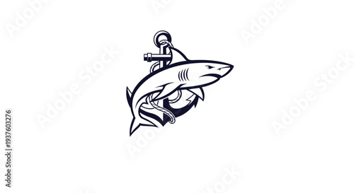 Striking marine vector illustration featuring a powerful shark majestically wrapped around a classic ship anchor, rendered in a bold, dynamic line art style, perfect for nautical themes.