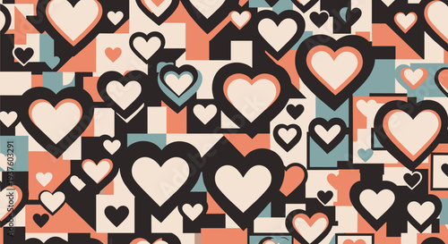 Vibrant seamless pattern composed of charming overlapping hearts and bold geometric shapes, presented in a stylish retro color palette of pink, blue, black, and brown, perfect for romantic designs.