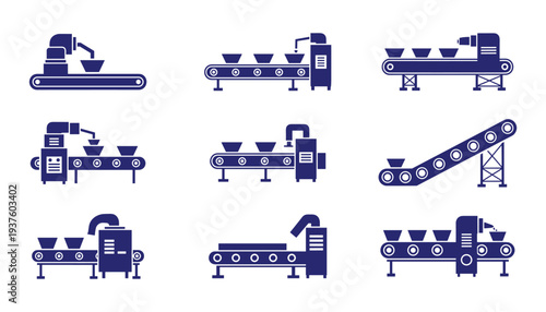Production line conveyor belt with automated food processing equipment vector graphic