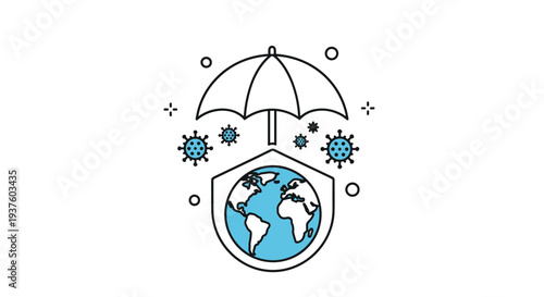 Global protection concept illustration depicting the Earth globe shielded by an umbrella and a barrier from viruses, symbolizing coronavirus defense and worldwide health security.